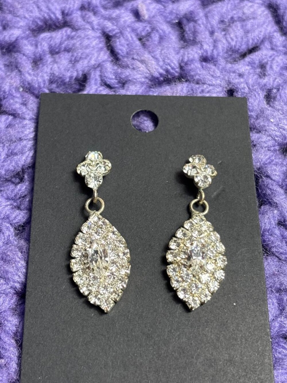 Vintage Clear Rhinestone Pave Dangle Earrings Silvertone 1.5 inches